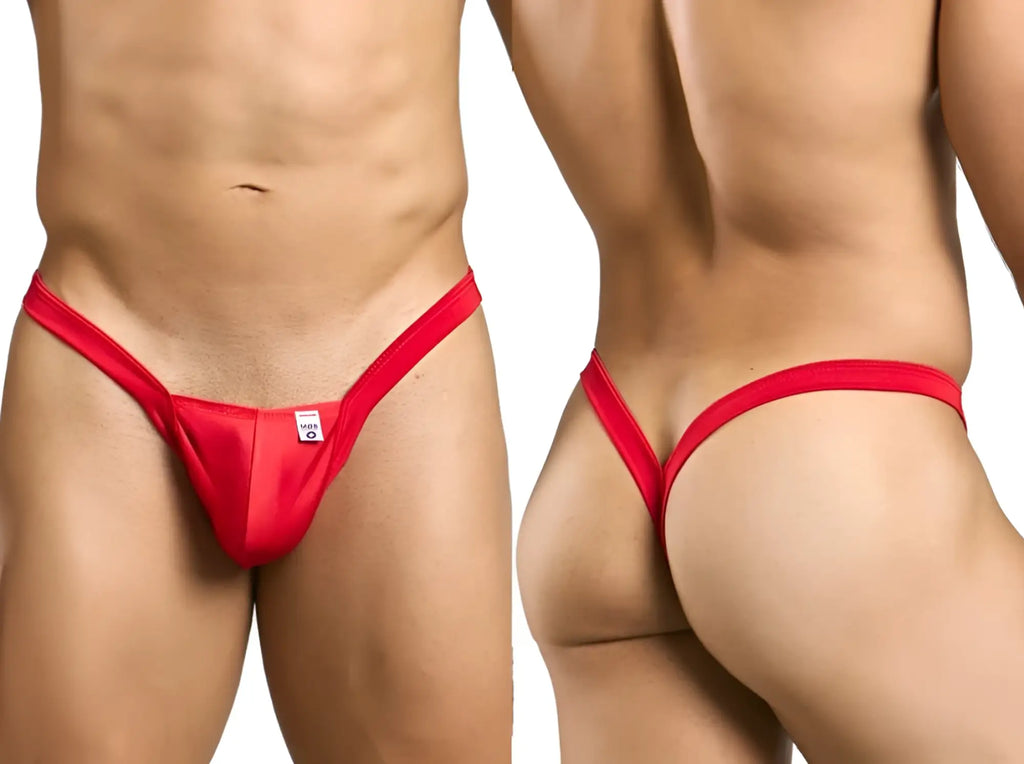 Malebasics mbl52 y buns thong in red featuring smooth satin fabric and a small white tag at the front