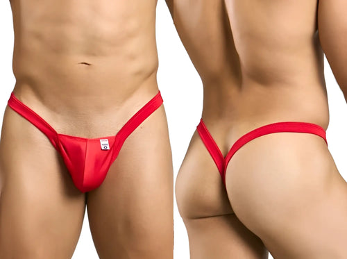 Malebasics mbl52 y buns thong in red featuring smooth satin fabric and a small white tag at the front