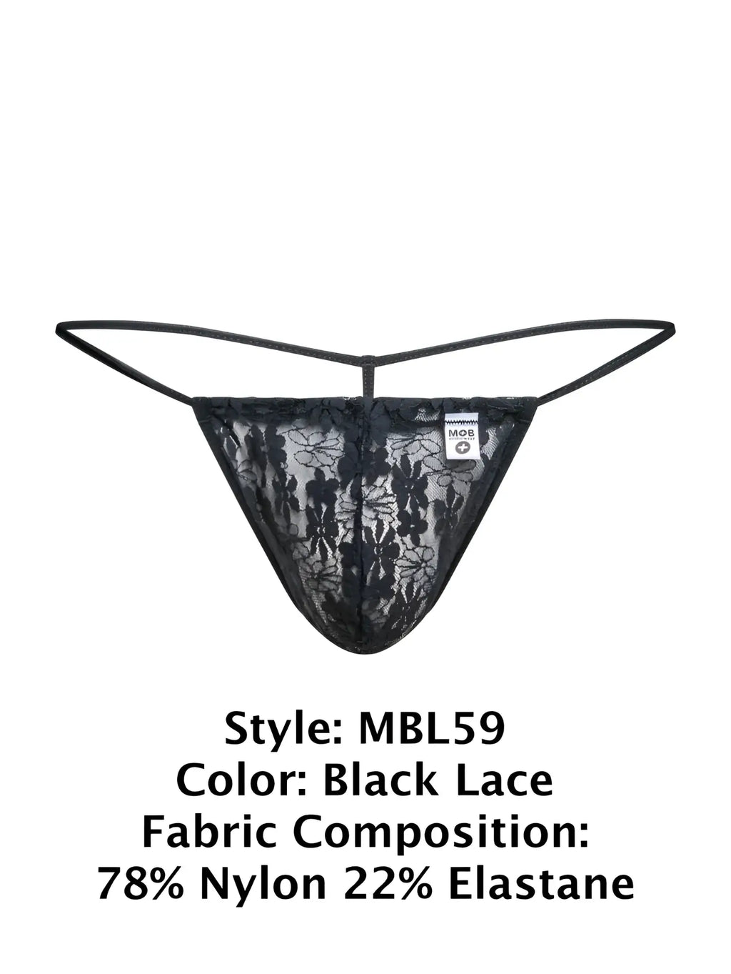 Black lace thong malebasics mbl59 with delicate floral lace patterns and thin elastic straps in black lace color
