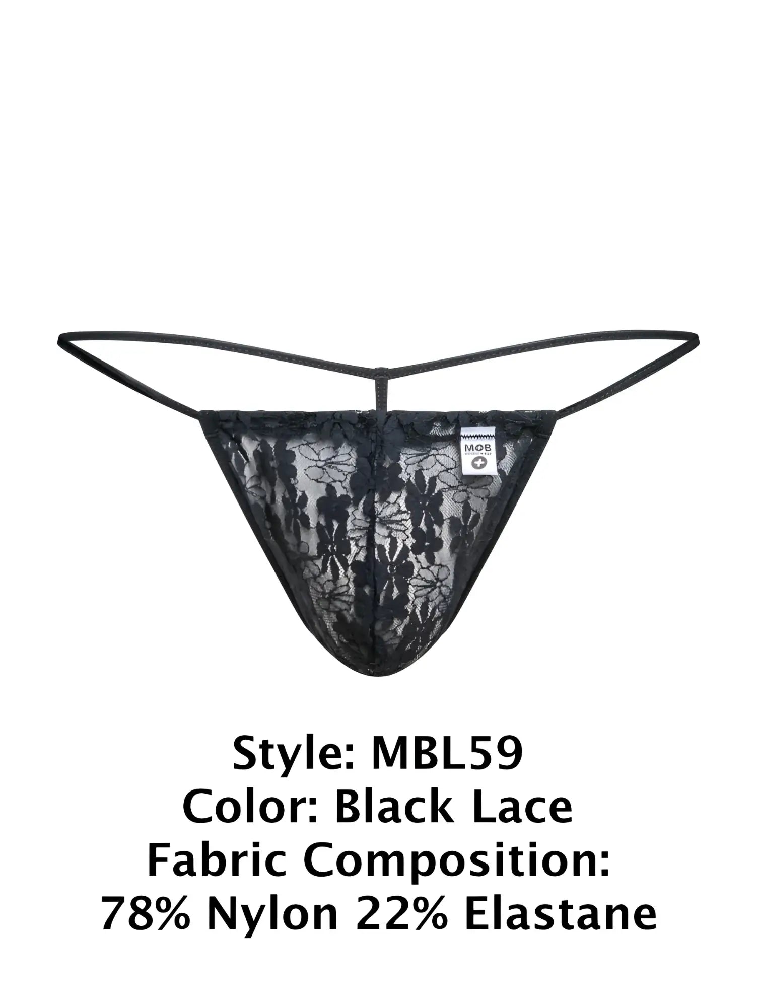 Black lace thong malebasics mbl59 with delicate floral lace patterns and thin elastic straps in black lace color