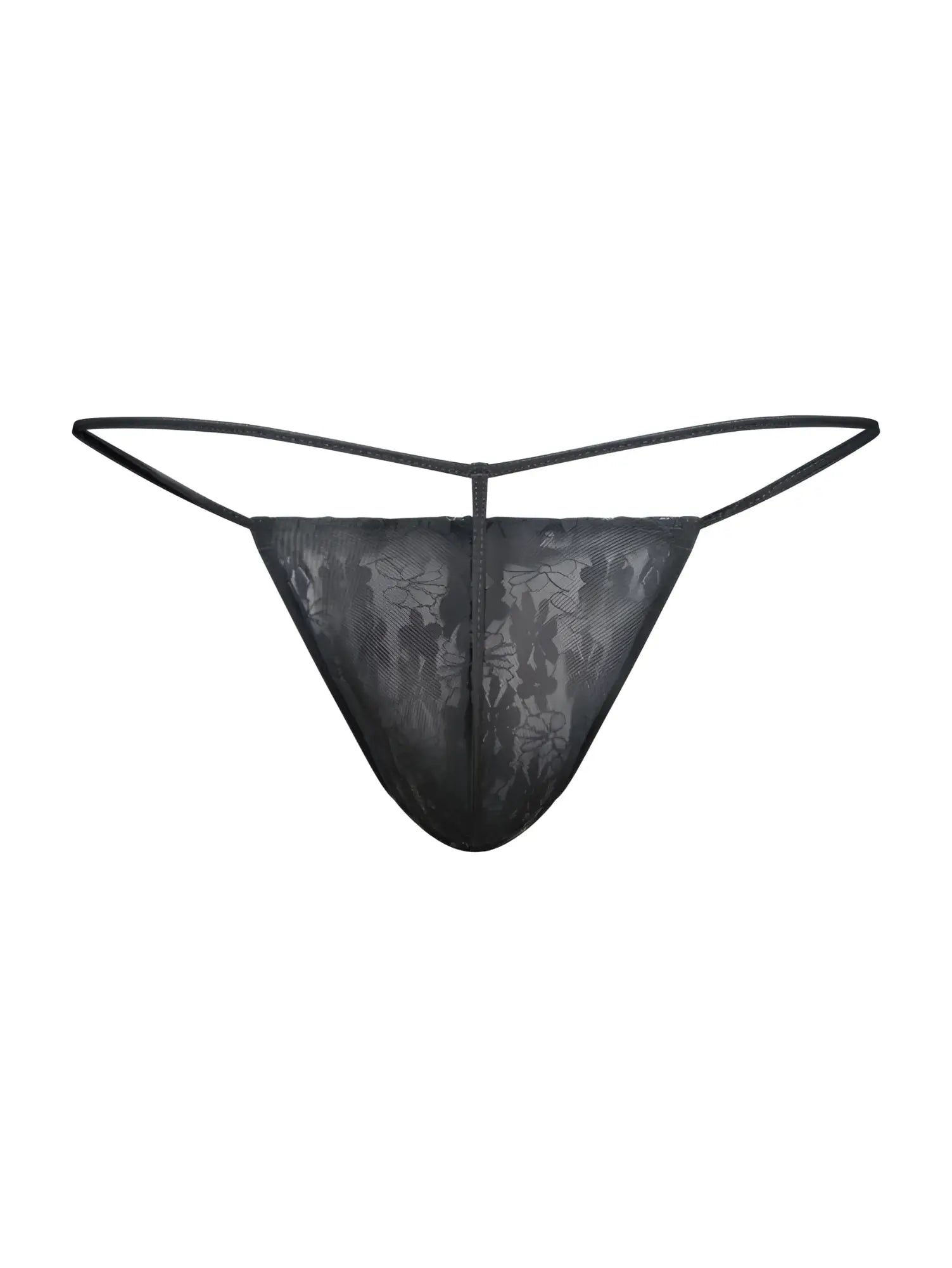 Black lace male basics mbl59 lace g-string thong with delicate floral pattern and thin adjustable straps front view