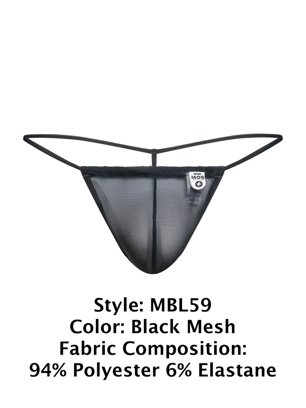 Malebasics mbl59 black mesh g-string thong with thin elastic straps and a small white brand tag visible