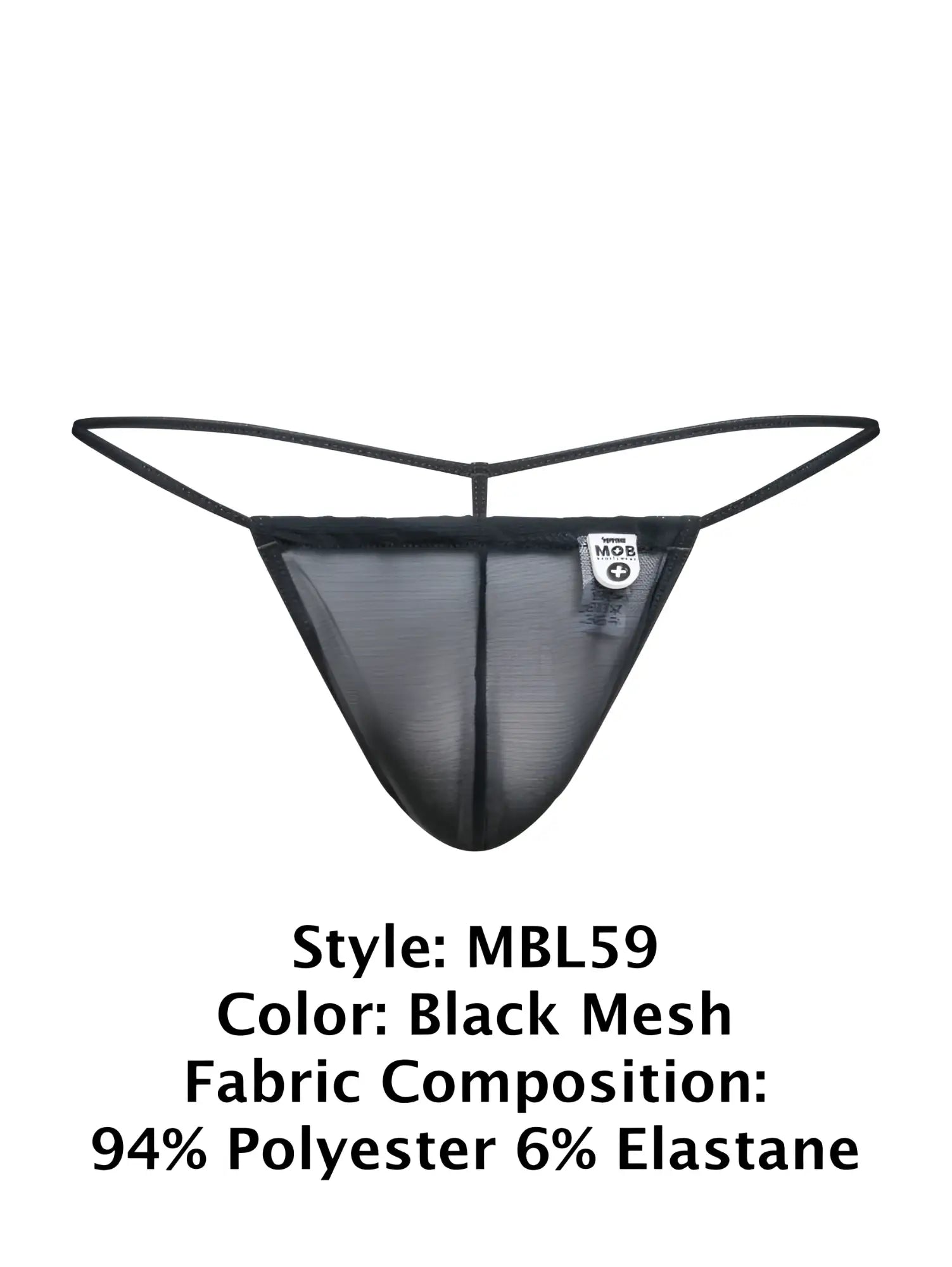 Malebasics mbl59 black mesh g-string thong with thin elastic straps and a small white brand tag visible