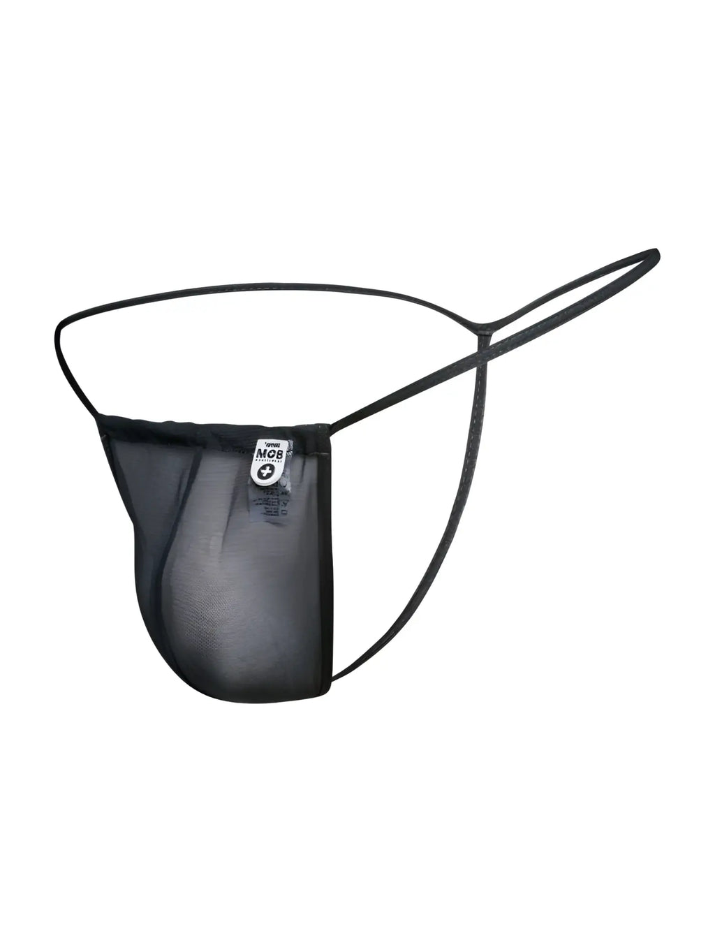 Black mesh thong g-string with thin elastic straps and small white label front by malebasics mbl59