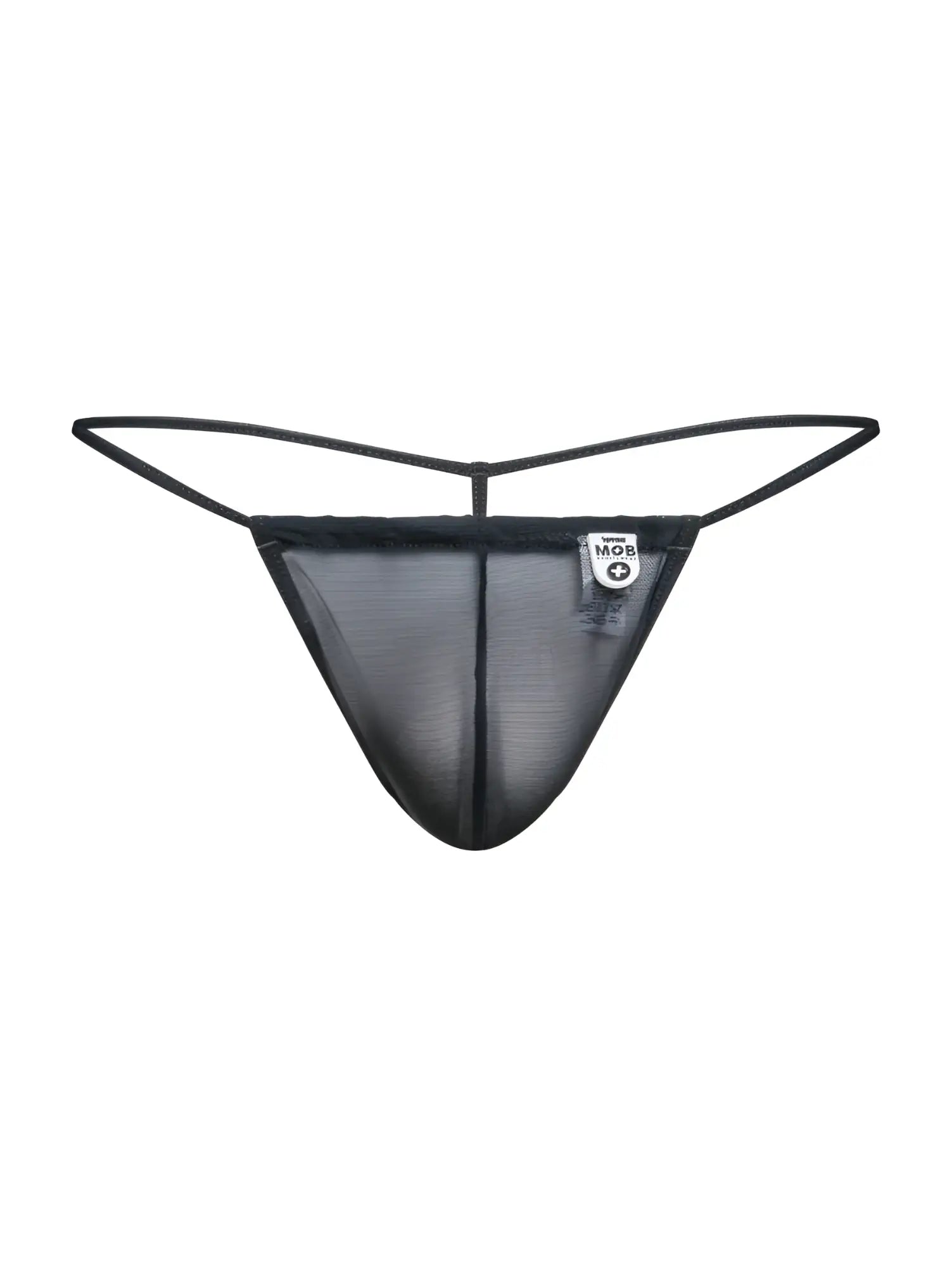 Malebasics mbl59 black mesh g-string thong with thin elastic straps and small white brand tag visible