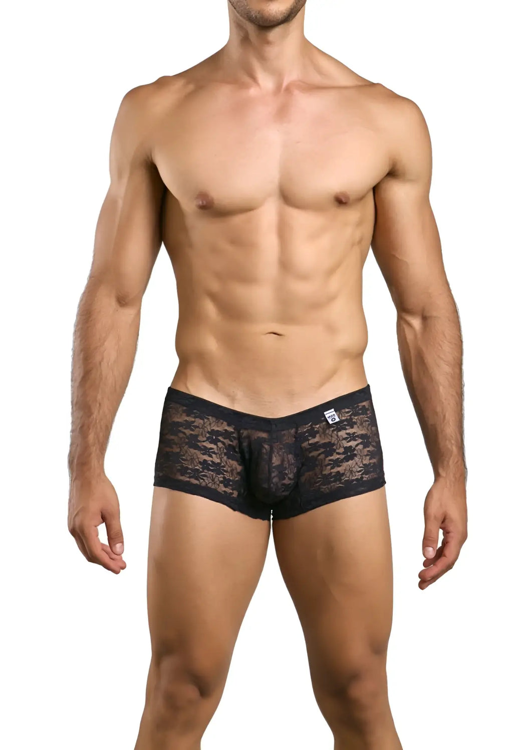 Malebasics mbl78 lace trunks black lace boxer briefs with subtle pattern and white brand tag on waistband