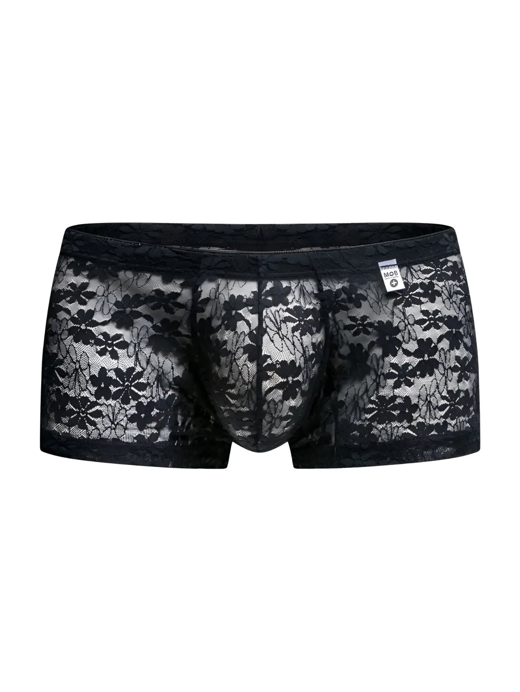 Malebasics mbl78 black lace trunks featuring sheer floral lace with an intricate pattern and solid waistband