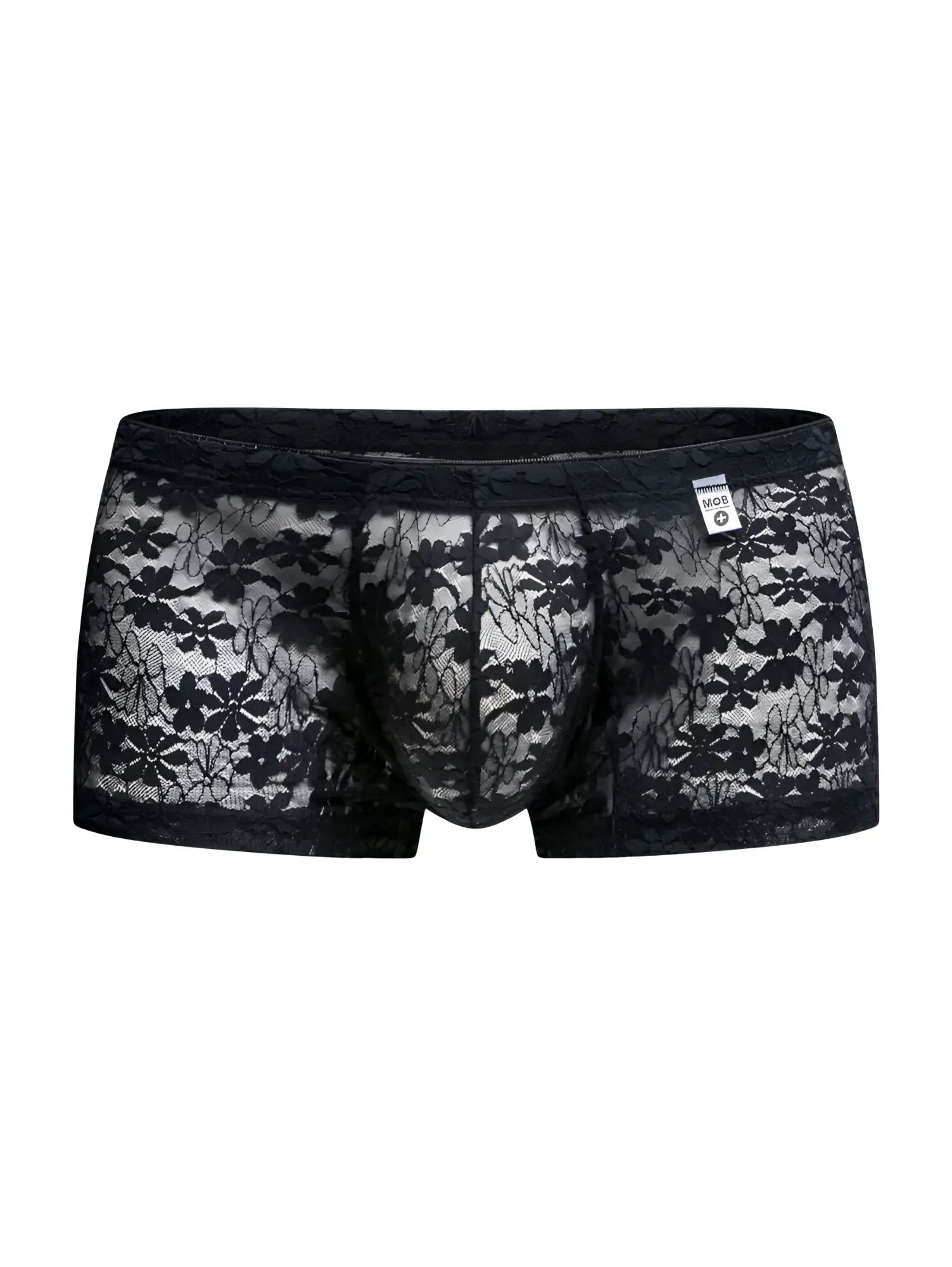 Malebasics mbl78 black lace trunks featuring sheer floral lace with an intricate pattern and solid waistband