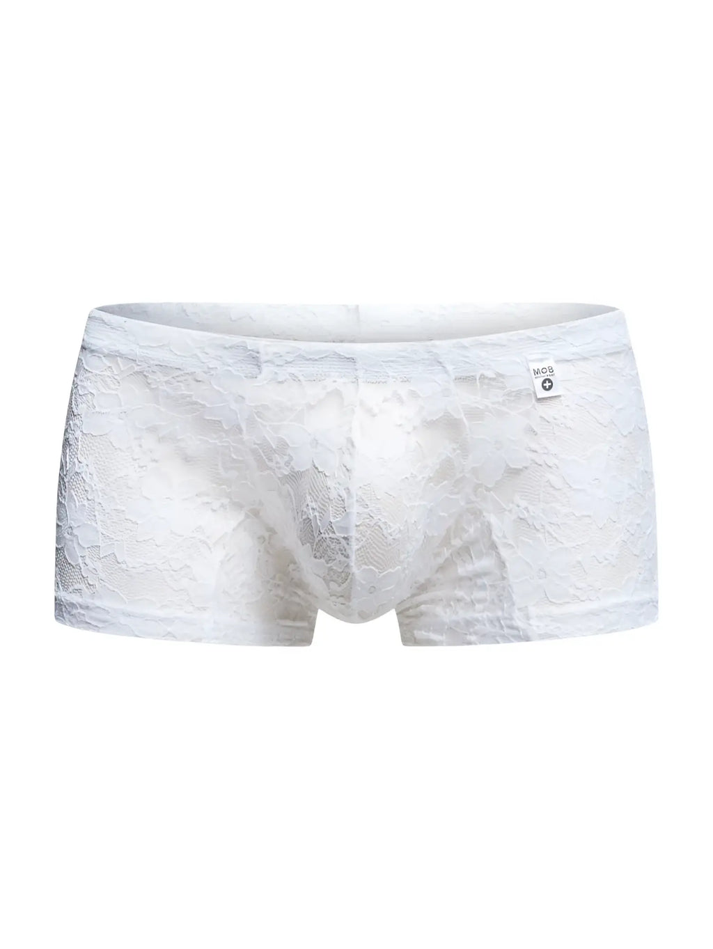Malebasics mbl78 lace trunks in white lace featuring delicate floral pattern and small brand tag on waistband