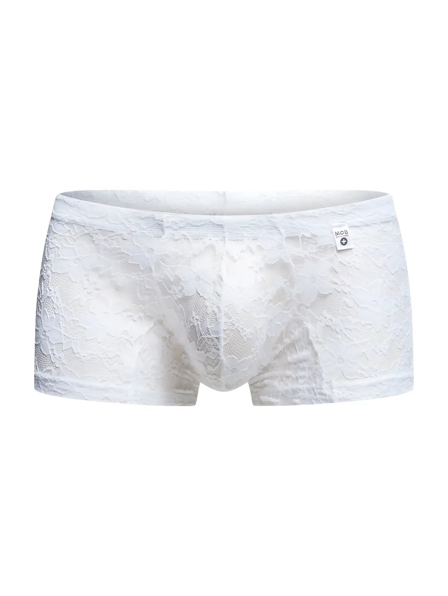 Malebasics mbl78 lace trunks in white lace featuring delicate floral pattern and small brand tag on waistband
