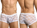 Malebasics mbl78 white lace men’s trunks featuring floral pattern and elastic waistband in front view