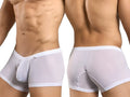 Malebasics mbl78 lace trunks in white mesh with sheer fabric and solid white waistband and trim for men