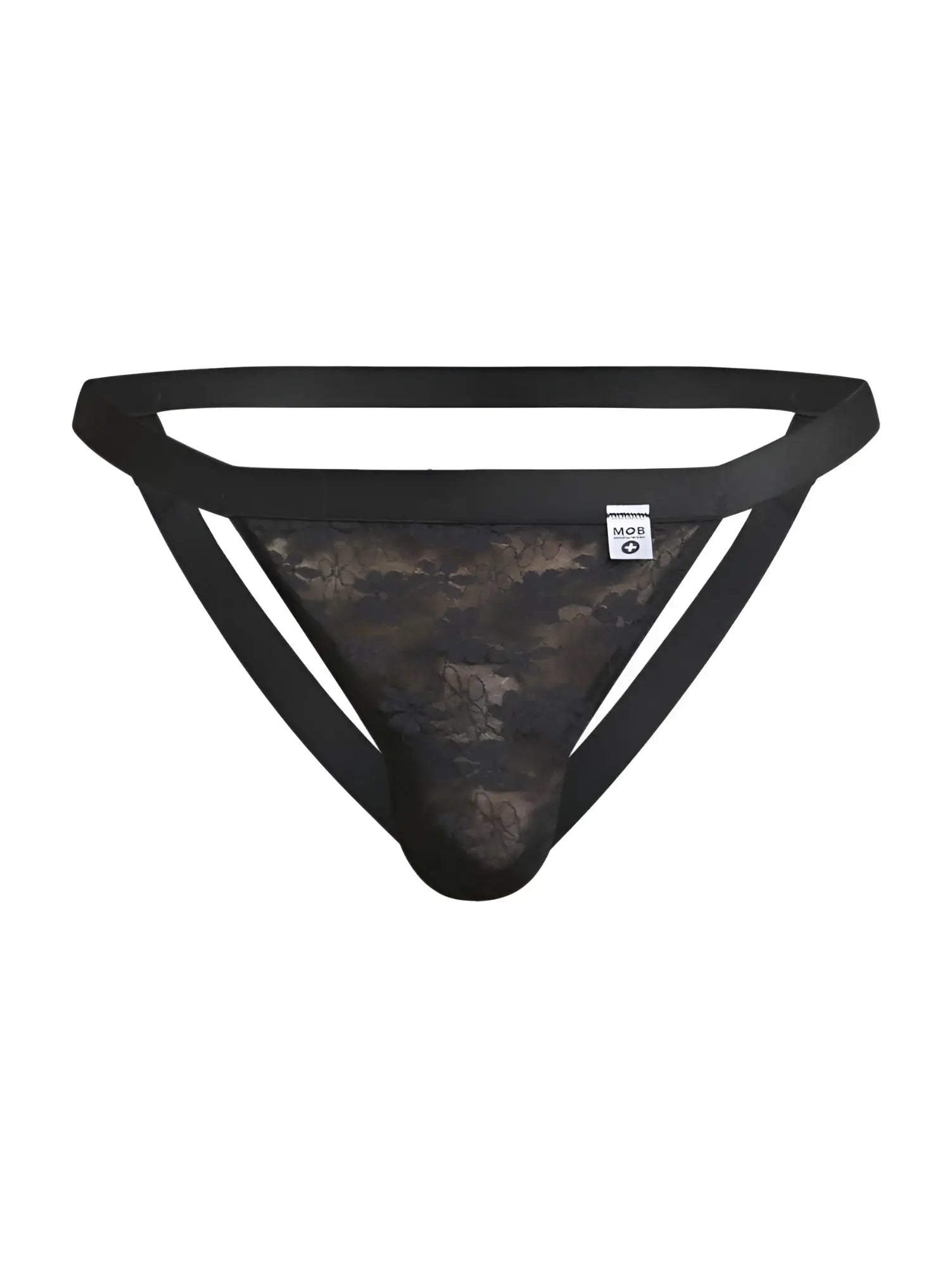 Malebasics mbl82 sexy jockstrap in black lace with solid black elastic waistband and side straps front view