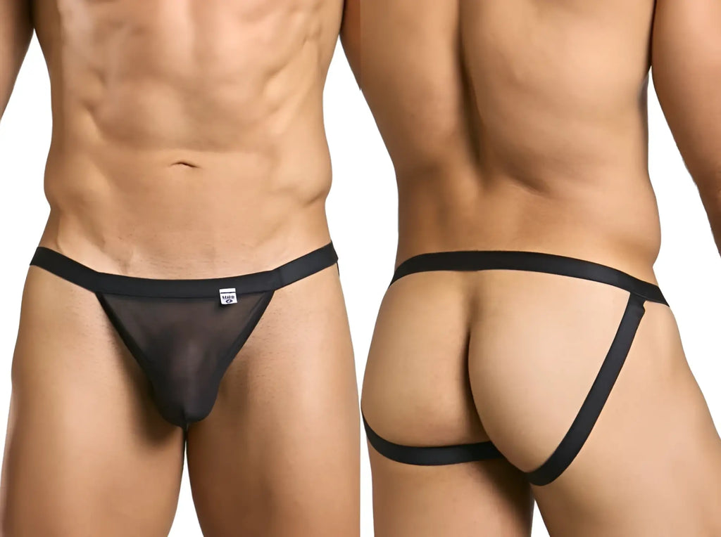 Malebasics mbl82 sexy jockstrap in black sheer mesh with elastic waistband and side straps shown from the back side