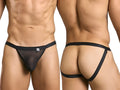 Malebasics mbl82 sexy jockstrap in black sheer mesh with elastic waistband and side straps shown from the back side