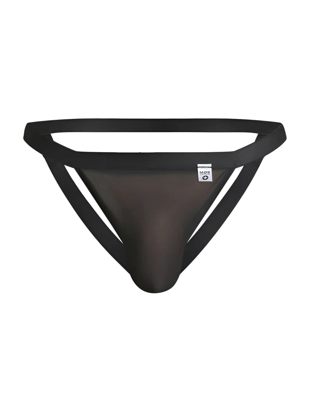 Malebasics mbl82 sexy jockstrap in black mesh featuring a solid black waistband and side straps shown from the back