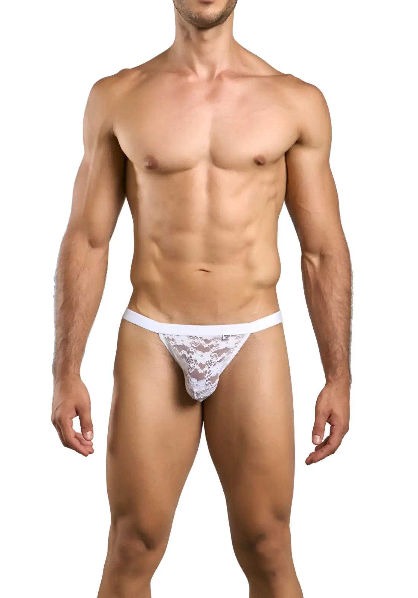 Malebasics mbl82 sexy jockstrap in white lace with a floral pattern and solid white waistband front view