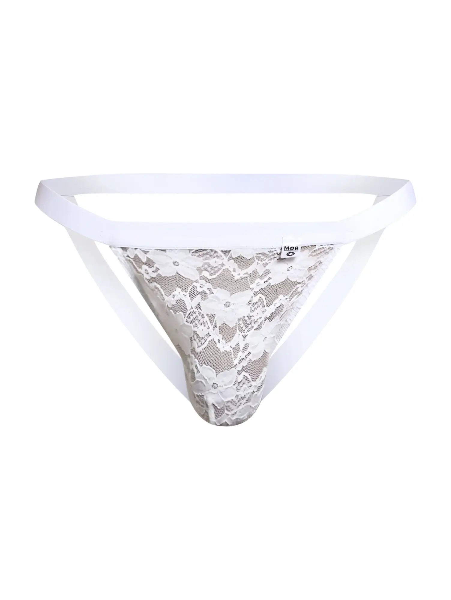 Malebasics mbl82 sexy jockstrap in white lace with delicate floral patterns and a solid white waistband