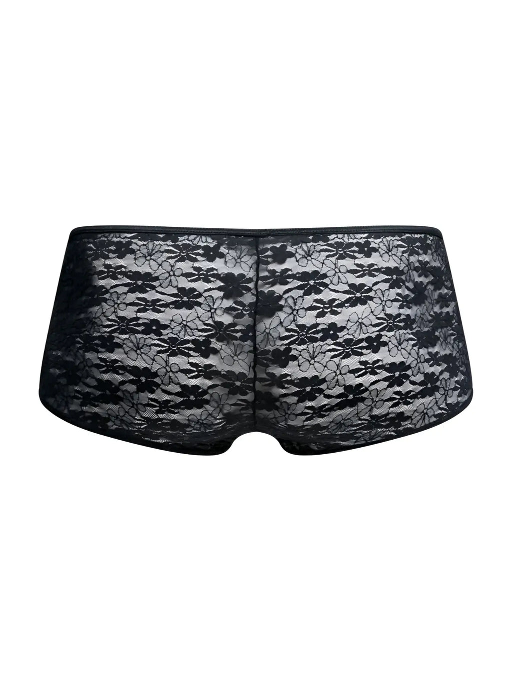 Malebasics mbl83 loop cheeky trunks in black floral lace featuring a sheer elegant design visible from the back side