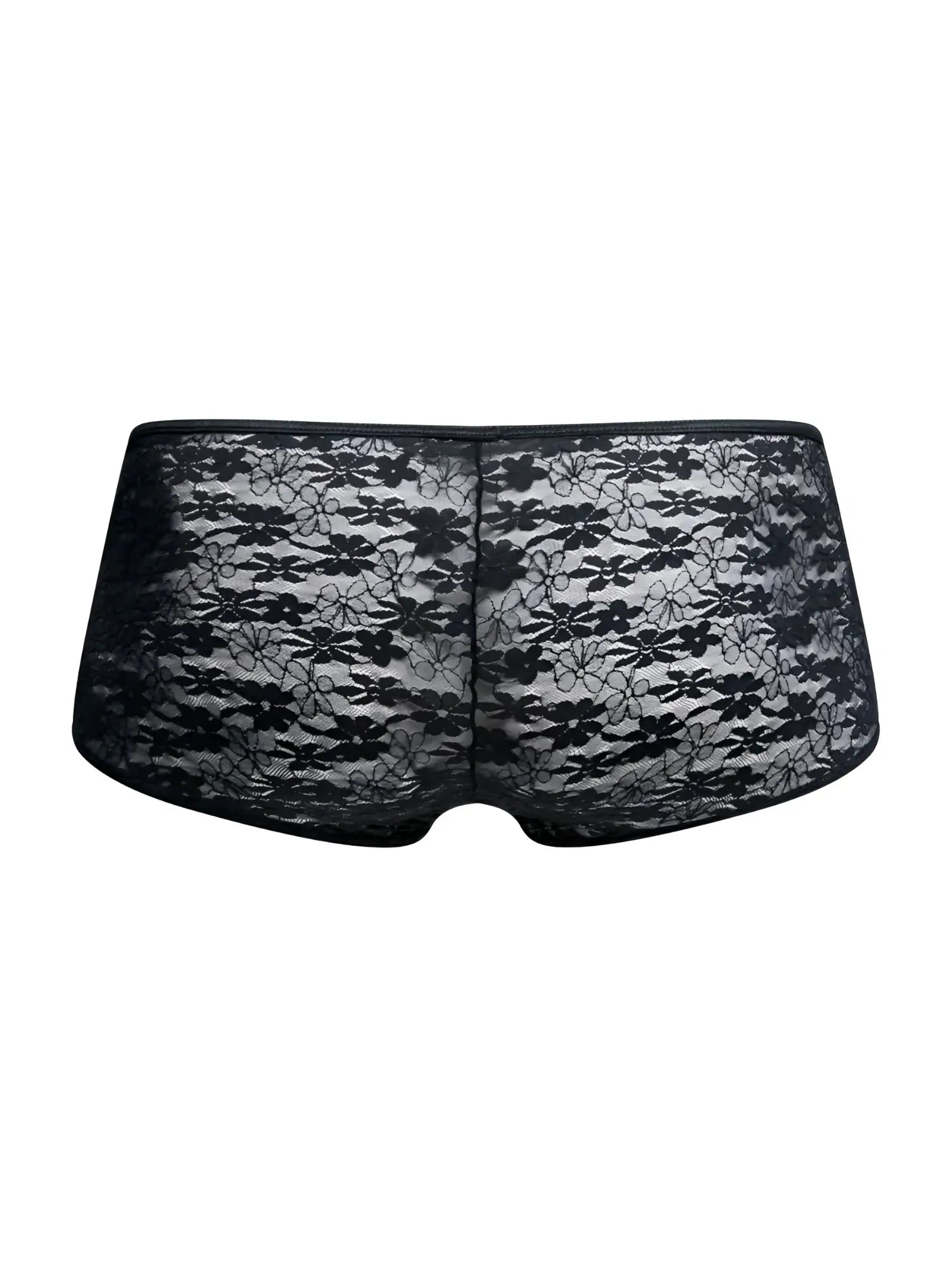 Malebasics mbl83 loop cheeky trunks in black floral lace featuring a sheer elegant design visible from the back side