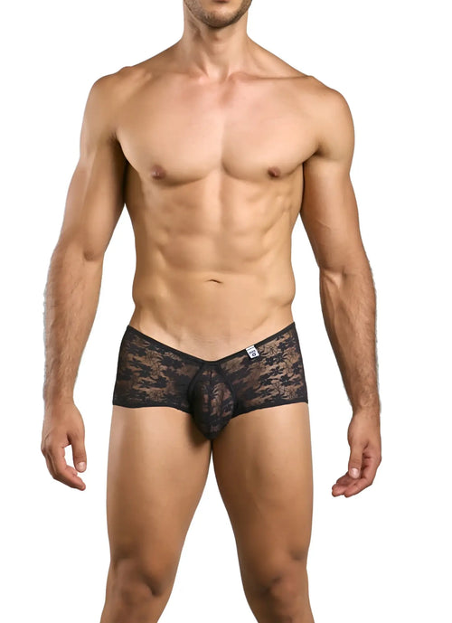 Malebasics mbl83 loop cheeky trunks in black lace featuring an intricate floral pattern showing the back side