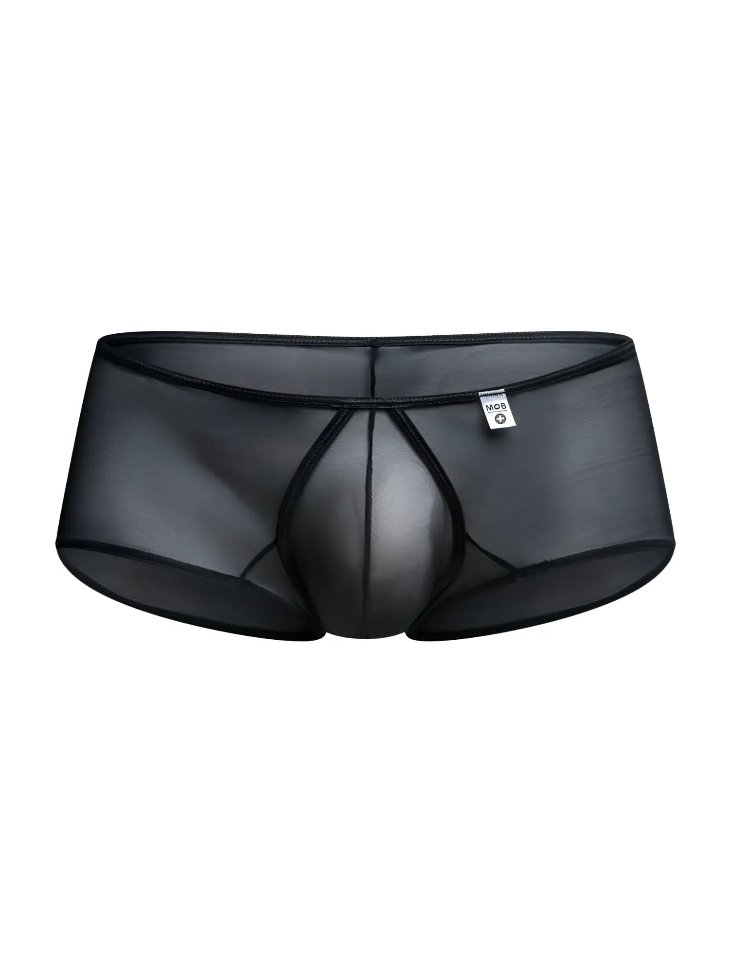 Malebasics mbl83 loop cheeky trunks in black sheer mesh with solid elastic waistband and reinforced seams shown from back