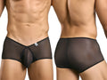 Malebasics mbl83 loop cheeky trunks in black sheer mesh with solid black waistband and trim shown from the back side