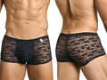 MaleBasics MBL84 classic pouch trunks in black lace featuring floral pattern and solid black waistband boxer briefs