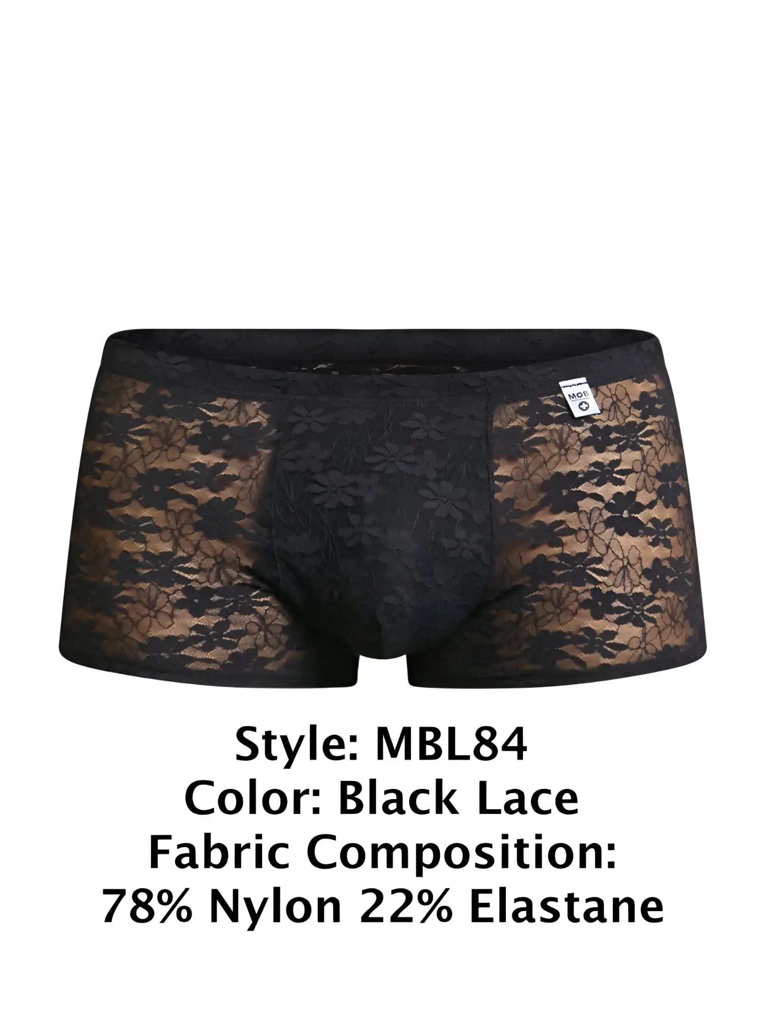 Black lace men’s briefs with floral pattern made of 78 nylon and 22 elastane from malebasics mbl84 classic pouch trunks