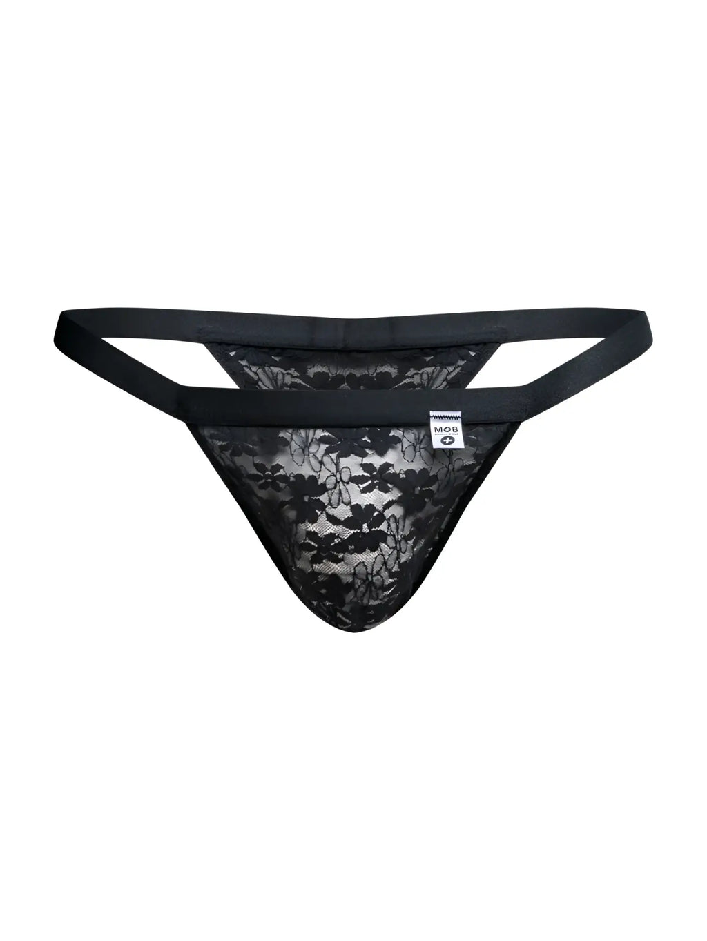 Black lace thong with floral pattern and elastic waistband from malebasics mbl85 y sexy thongs collection