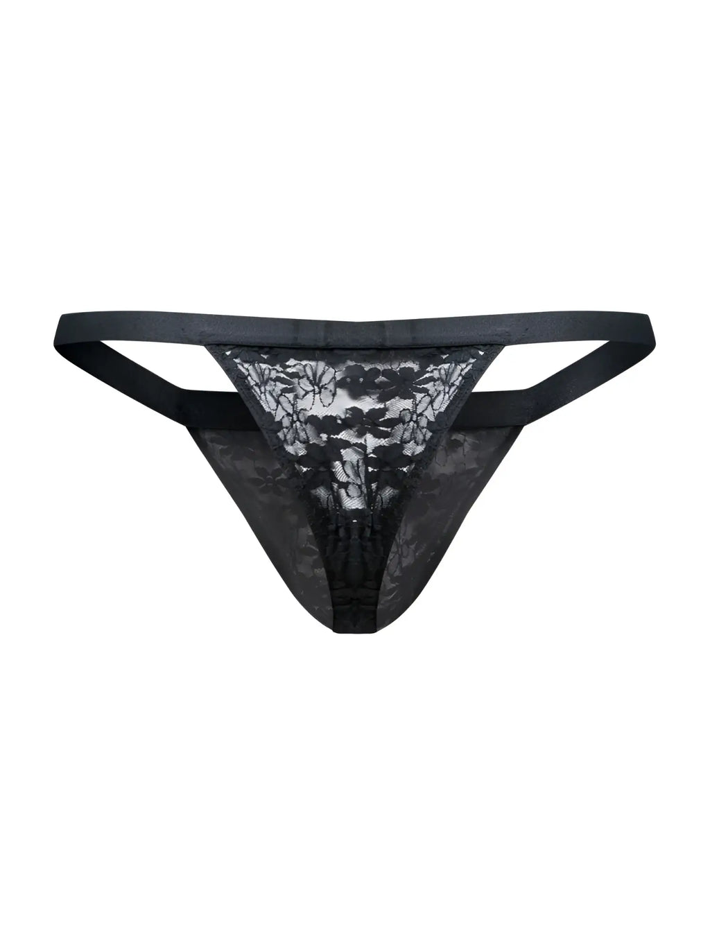 Malebasics mbl85 y sexy thong in black lace with floral pattern and satin-like waistband front view
