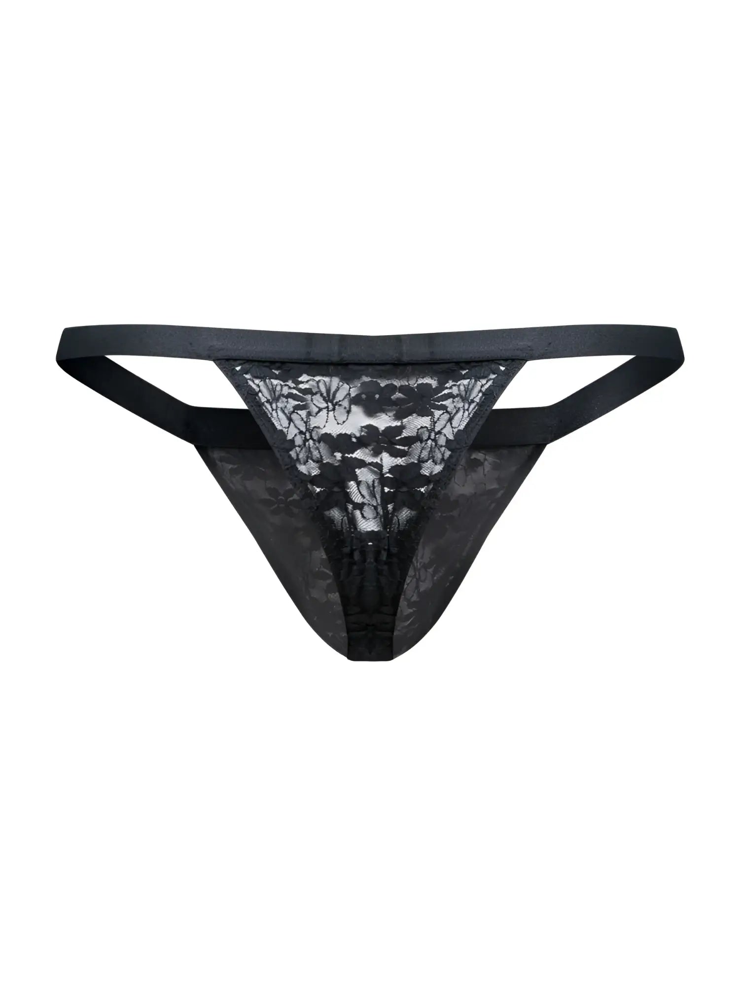 Malebasics mbl85 y sexy thong in black lace with floral pattern and satin-like waistband front view