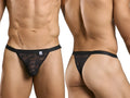 Black lace thong with a solid black waistband showing the back side from malebasics mbl85 y sexy thongs collection