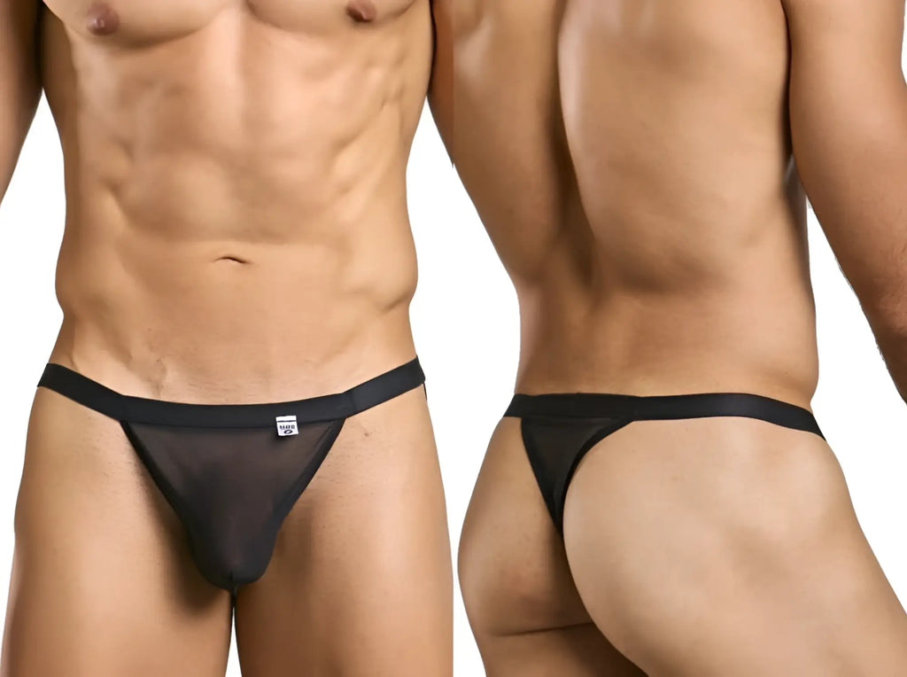 Black sheer mesh thong with solid black waistband from malebasics mbl85 y sexy thongs collection showing front view