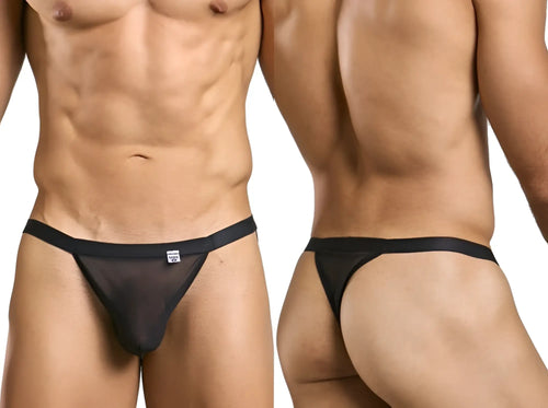 Black sheer mesh thong with solid black waistband from malebasics mbl85 y sexy thongs collection showing front view