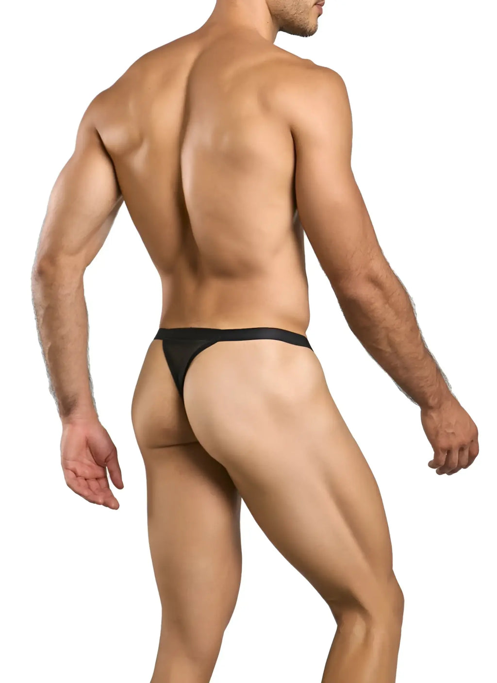 Black male basics mbl85 y sexy thong made of smooth stretchy mesh fabric with narrow waistband visible from the back