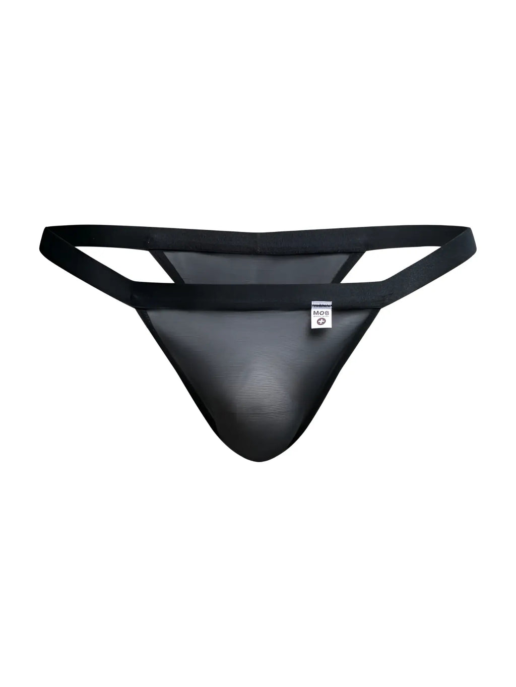 Malebasics mbl85 y sexy thong in black mesh with solid black waistband and side straps, front view