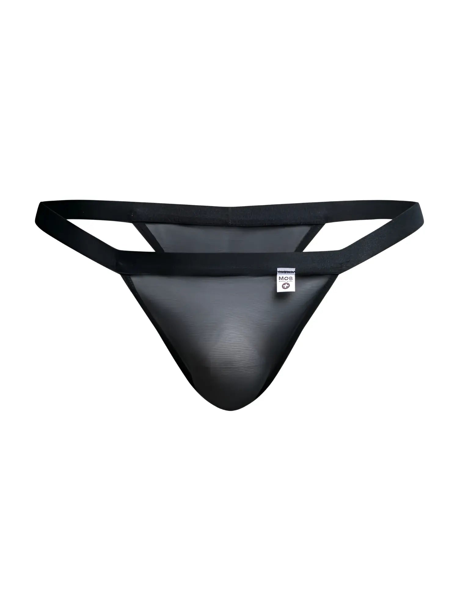 Malebasics mbl85 y sexy thong in black mesh with solid black waistband and side straps, front view