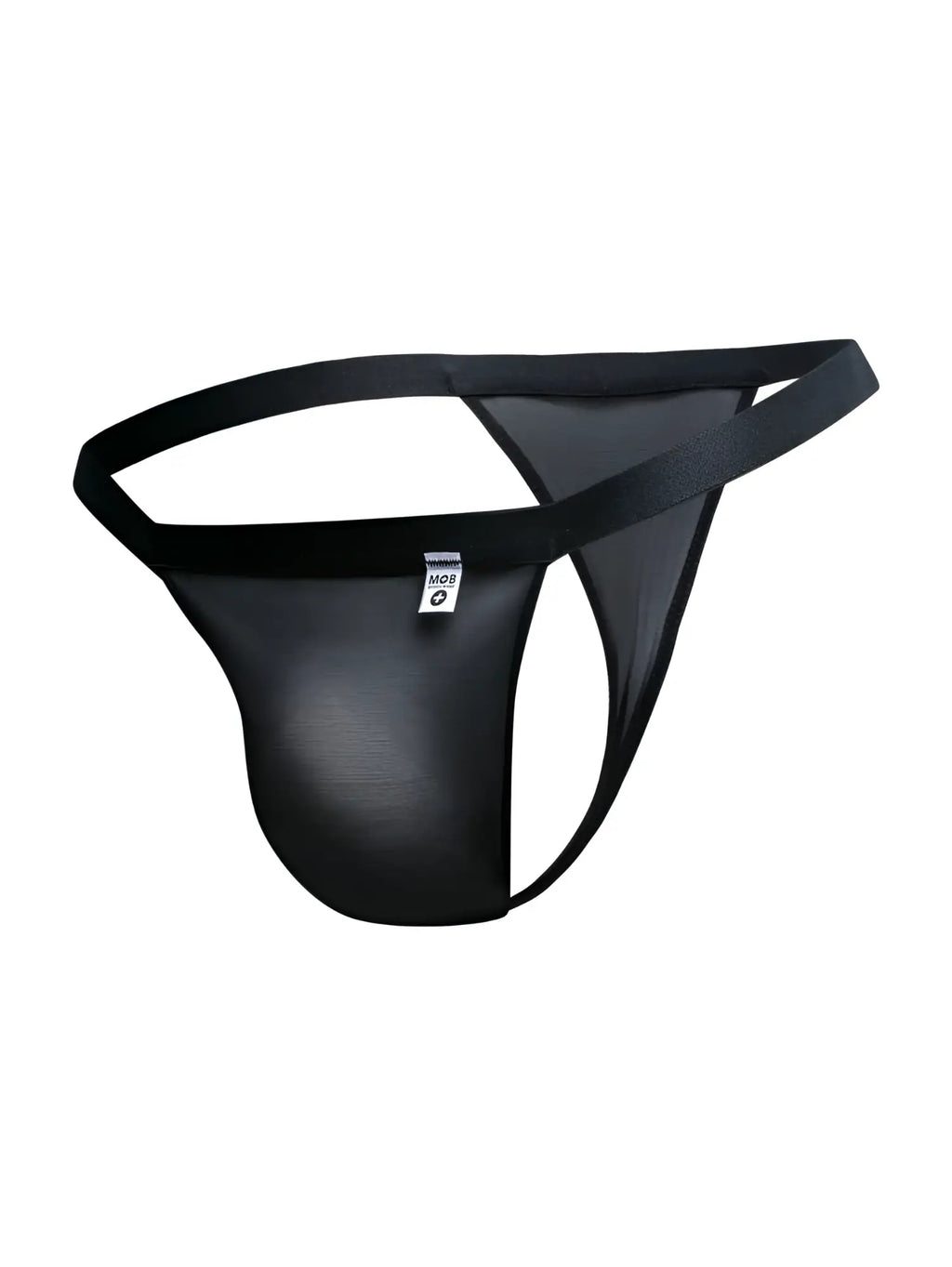 MaleBasics MBL85 Y sexy thong in black mesh with solid waistband and leg openings featuring a small white label