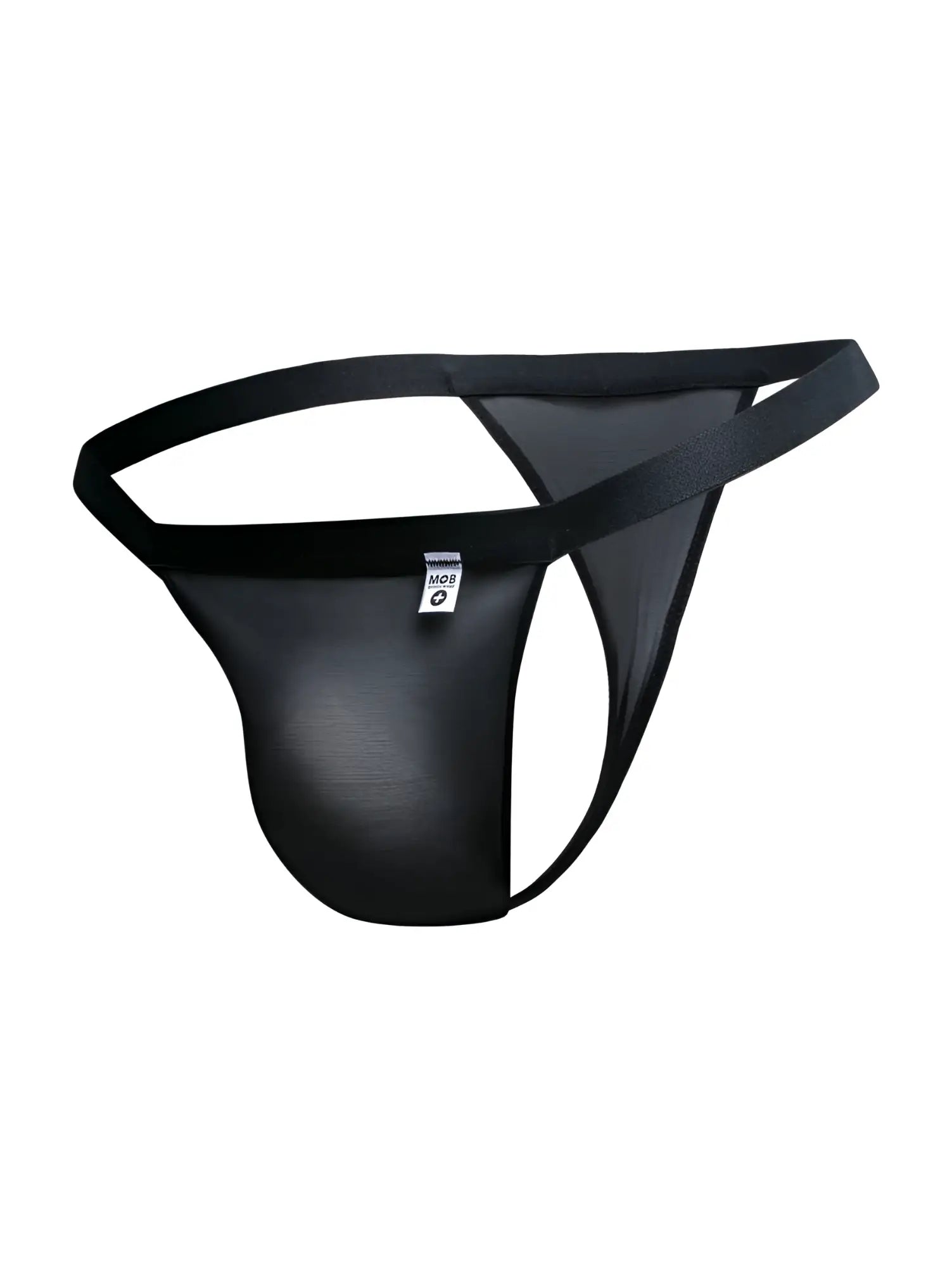 MaleBasics MBL85 Y sexy thong in black mesh with solid waistband and leg openings featuring a small white label