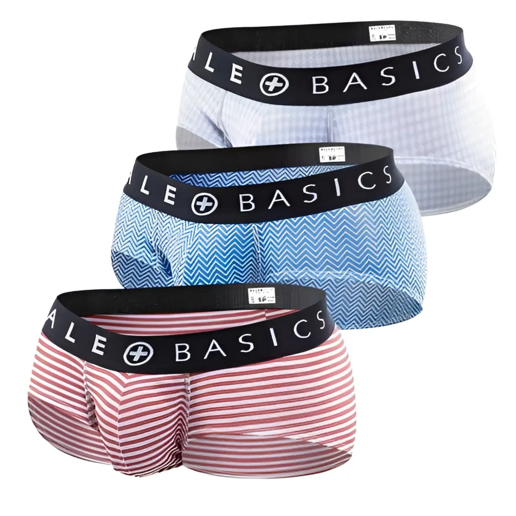 Set of three male basics mens briefs in white blue chevron and red stripes with black elastic waistbands and branding