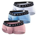 Set of three male basics mens briefs in white blue chevron and red stripes with black elastic waistbands and branding