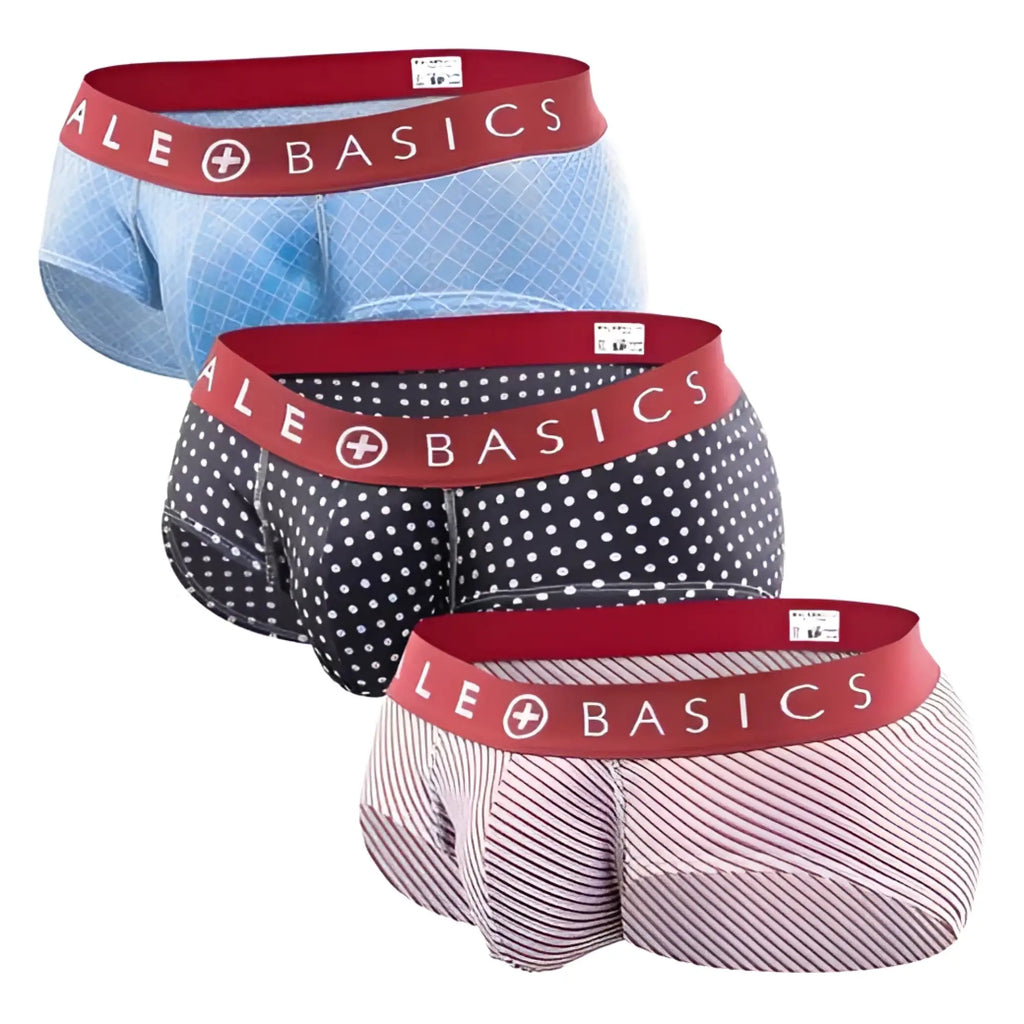 MaleBasics mens brief 3 pack with red elastic waistbands and patterns including light blue, black polka dots, and pink stripes