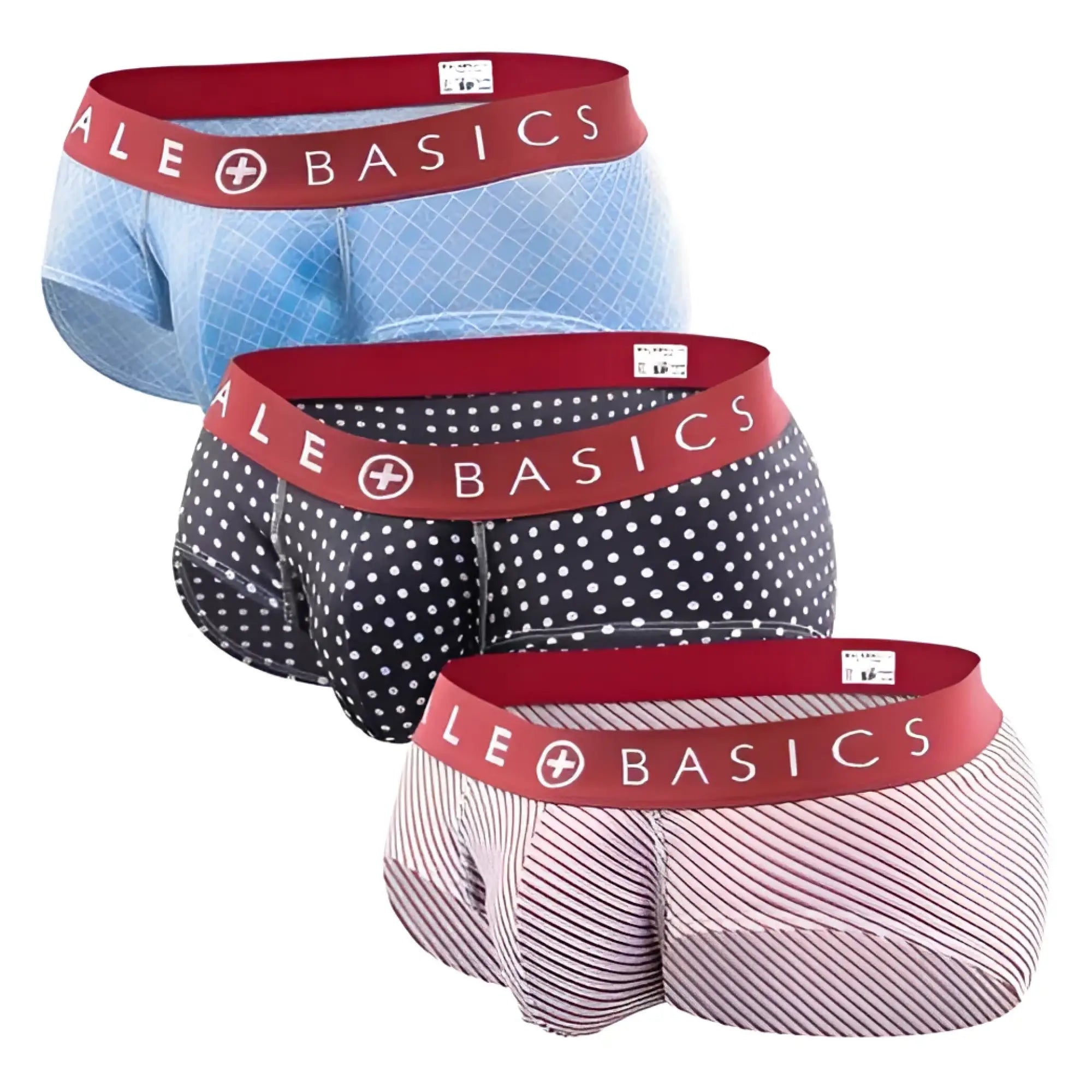 MaleBasics mens brief 3 pack with red elastic waistbands and patterns including light blue, black polka dots, and pink stripes