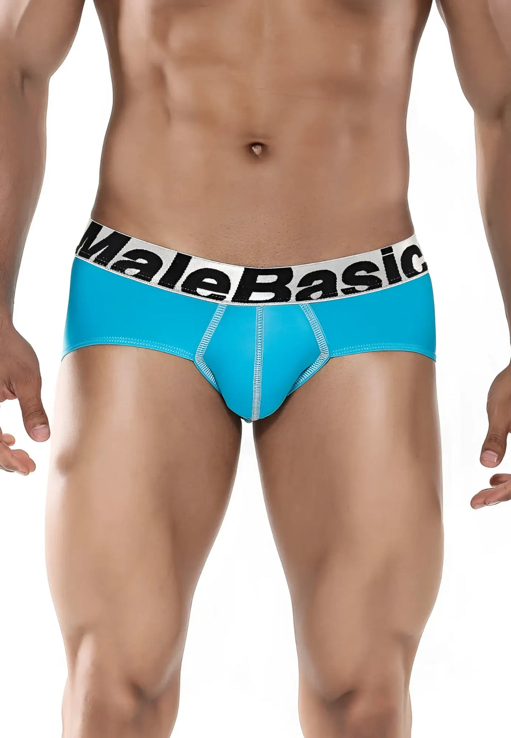 Malebasics men’s sports performance hip brief in bright blue with a white waistband and black lettering