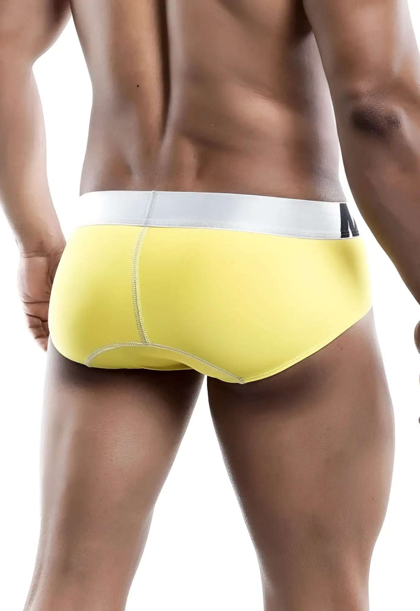 Malebasics men’s sports performance hip brief bright yellow with white waistband and subtle gray stitching
