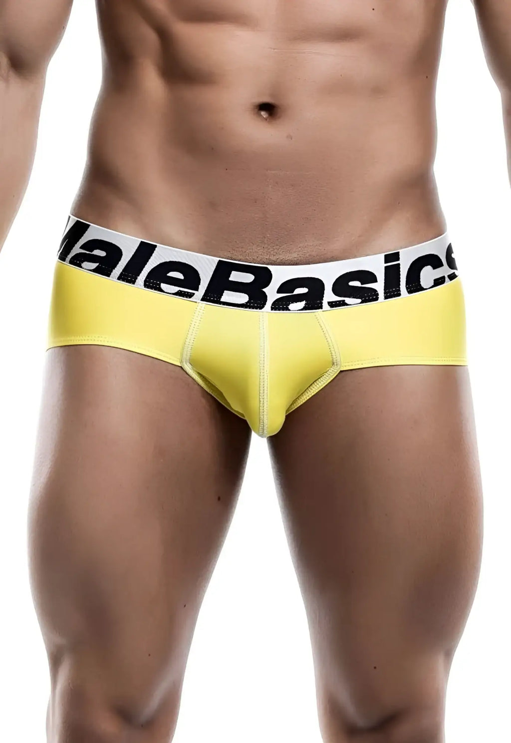 Bright yellow malebasics men’s sports performance hip briefs with white waistband and black lettering for active wear