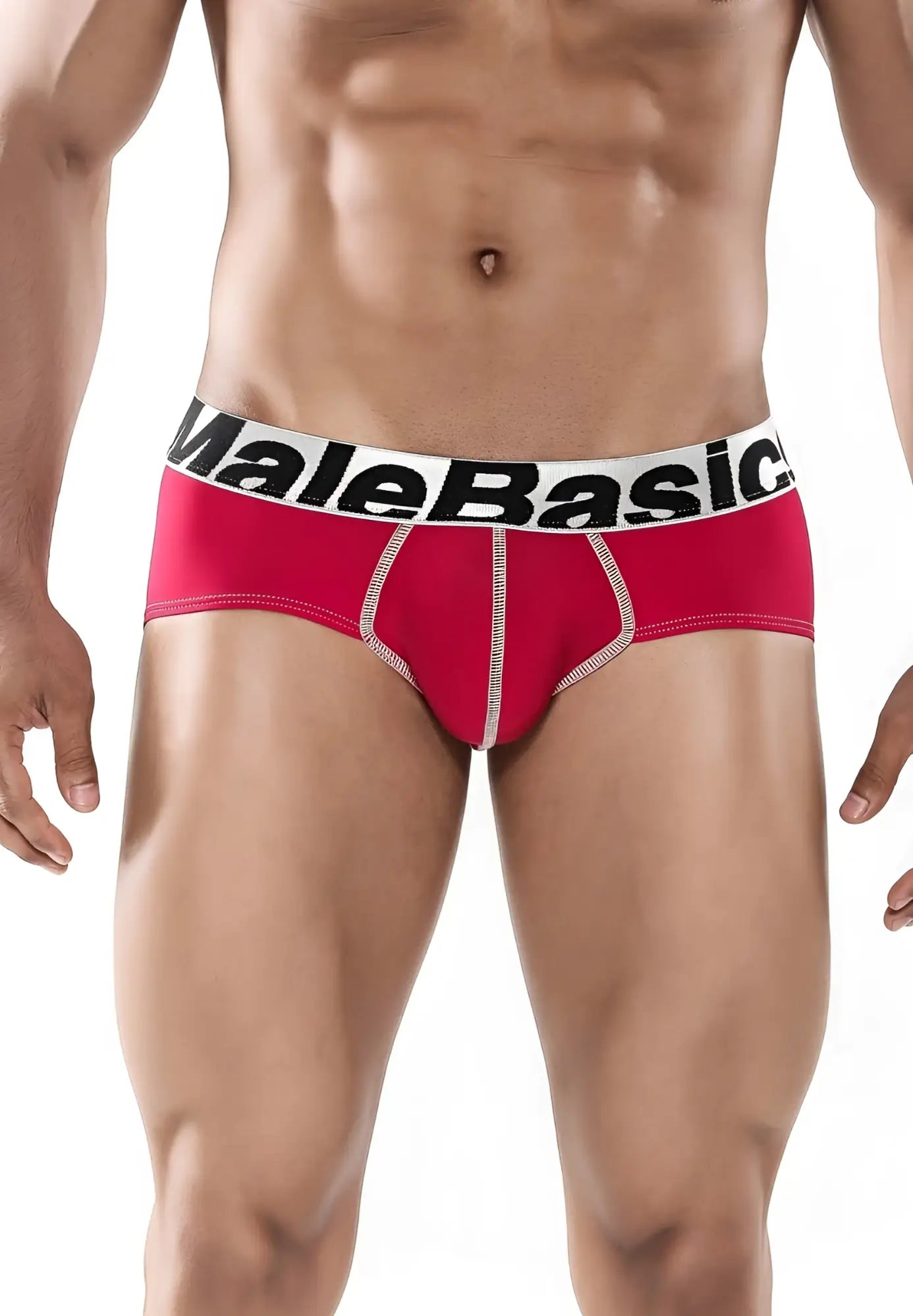 Red malebasics men’s sports performance hip briefs with white waistband black lettering and subtle white stitching