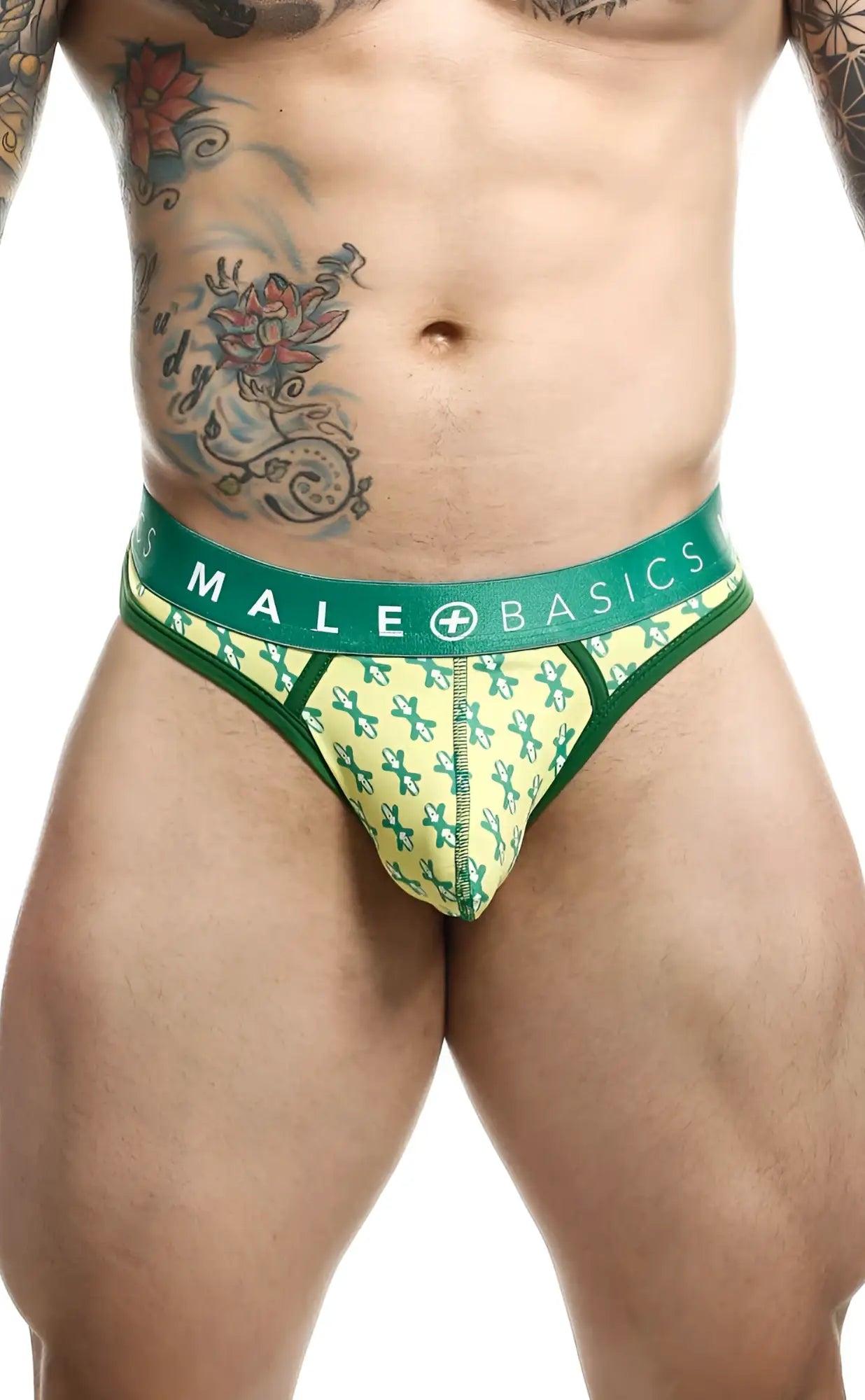 Malebasics mens thong sexy pouch in green and yellow patterned fabric with male basics waistband for comfortable wear