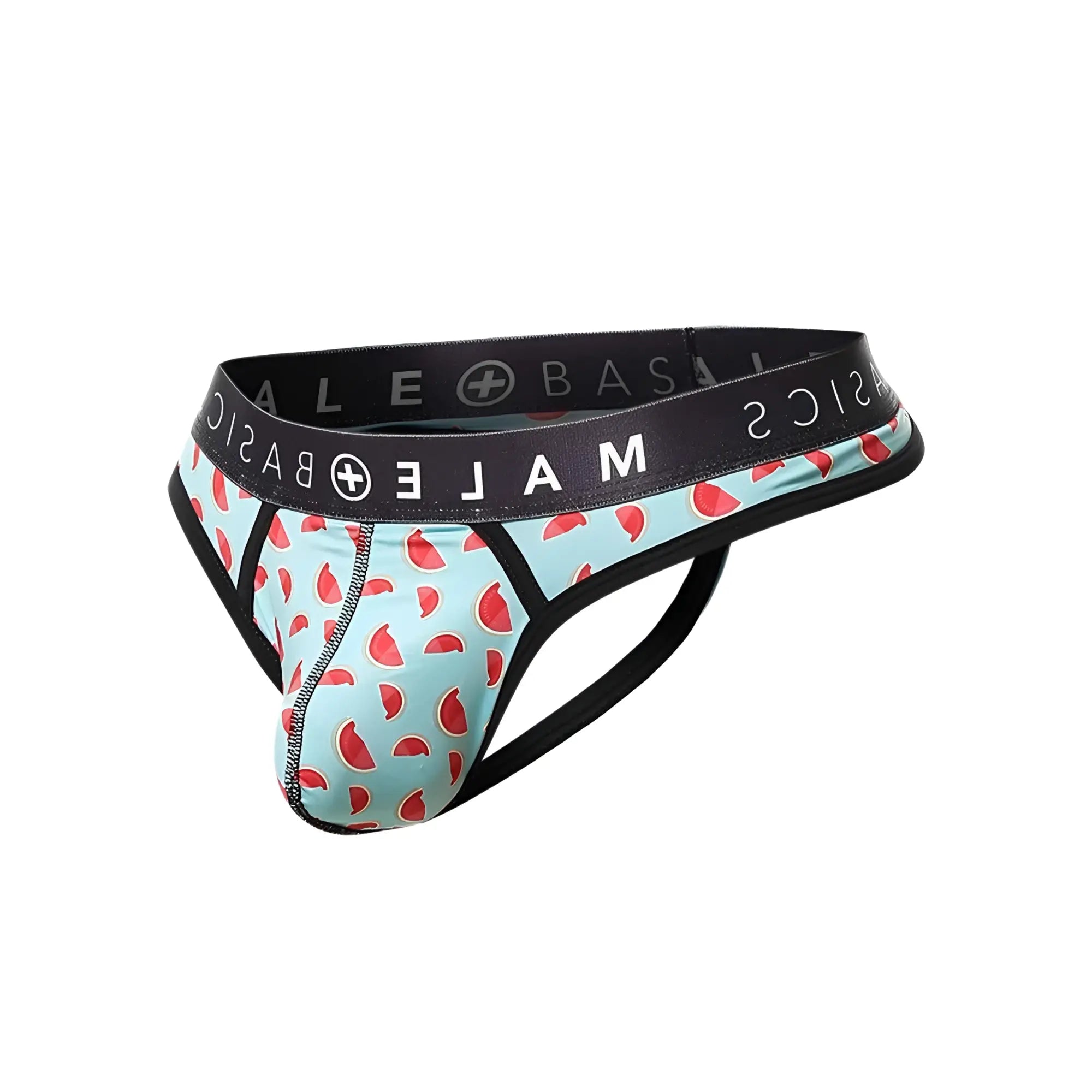 Malebasics mens thong sexy pouch with light blue watermelon pattern black elastic waistband and leg straps